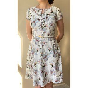 White Floral Magnolia Print Ruffle Dress